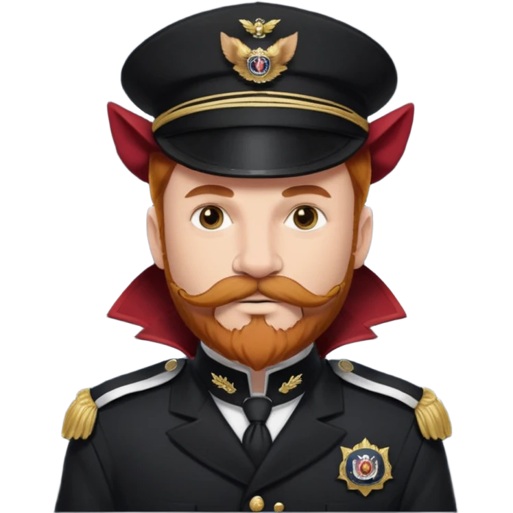 An auburn-hair'ed admiral with a flawless bear and mustache wearing a black admiral outfit and hat with Wolf Ears coming out of the hat, and 9 wolf tails behind him, with the admiral black shirt featuring on the left breast pocket the insignia of Helldivers 2. emoji