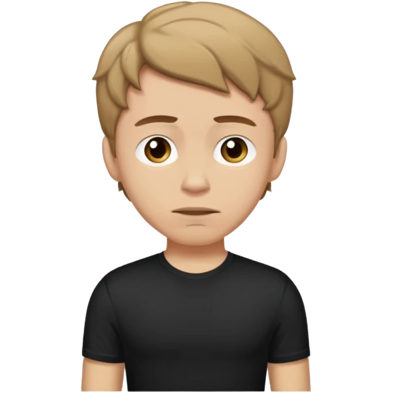 A Man with a sorry expression. He has short wavy light-brown hair and wearing a black t-shirt, and a visible bulge on the groin area molding his testicles. emoji