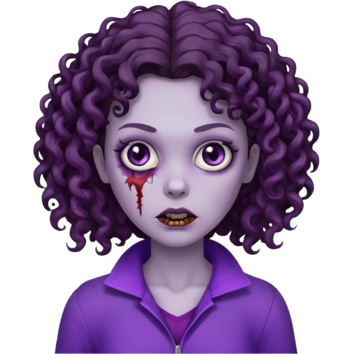 Zombie woman with curly, dark brown hair, purple outfit, and short, flat hair.  emoji
