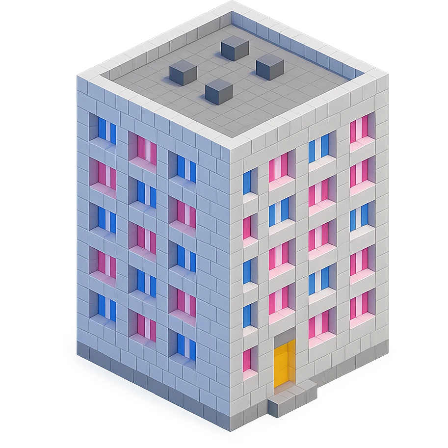 Russian panel apartment building, square block, light gray, alternating pink and white windows, isometric view emoji