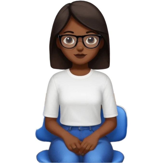 No pero que las florecitas azules estén en la camiseta dibujadasCréame una chica morena de pelo más o menos por los hombros con granitos en la cara y unas gafas negras, que esté sentado en una silla de bar con una camisa blanca con florecitas azules emoji