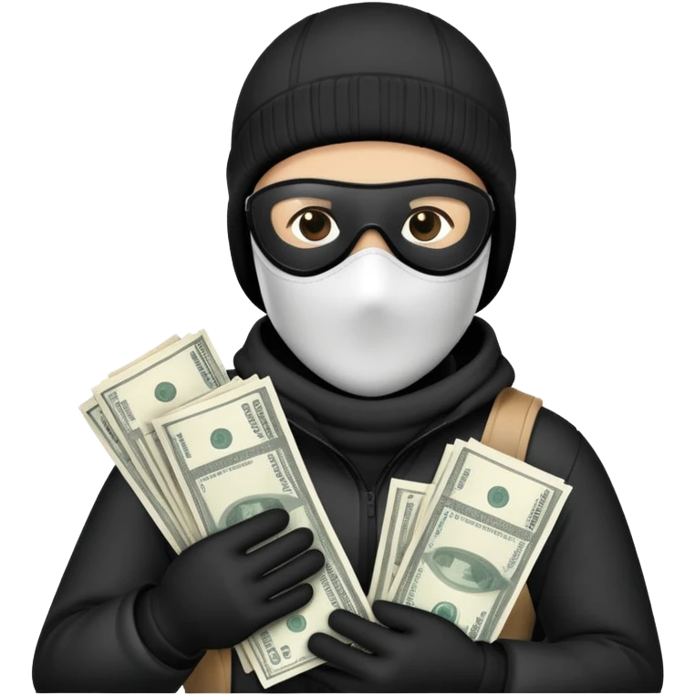 Ski mask holding bags of money with black face like skin color black emoji