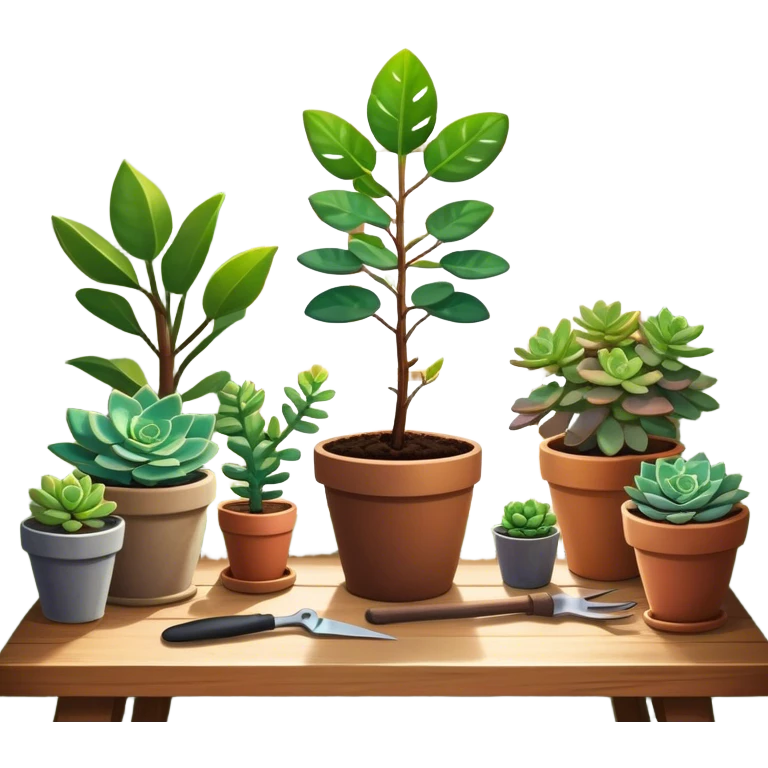 Close-up of a potted sapling in rich soil surrounded by vibrant plants and succulents. Bright sunlight filters through the window, casting soft shadows. Nearby gardening tools rest on a wooden table. Cozy indoor atmosphere with greenery and flowers. emoji