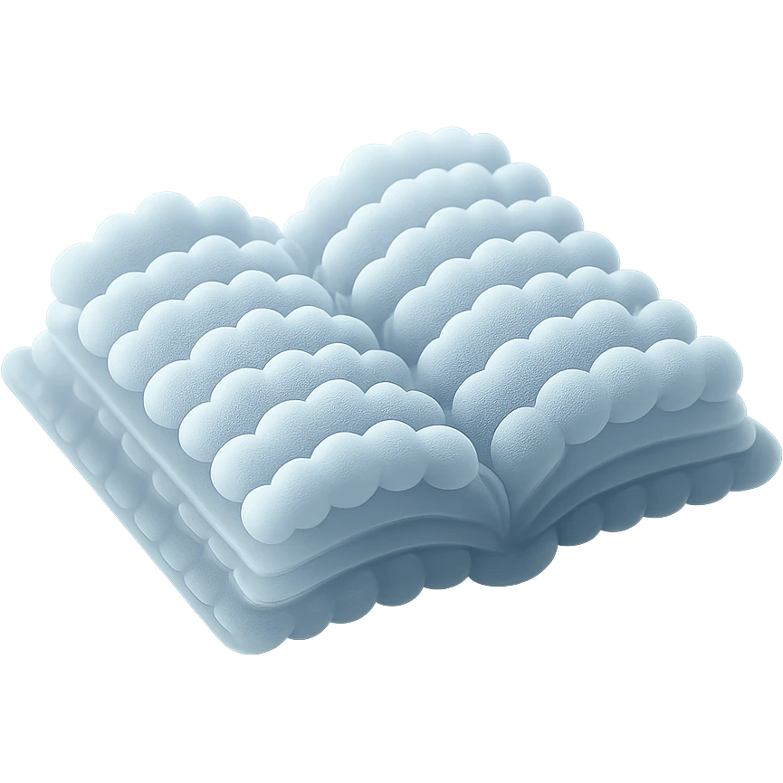thick open book made entirely of small, very bright white, fluffy, convex clouds, matte glass style, no background emoji