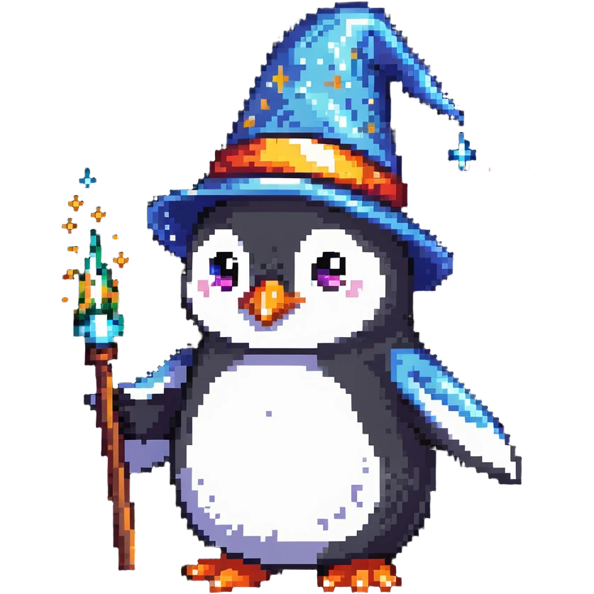 a penguin wizard casting a spell with sparkles emoji