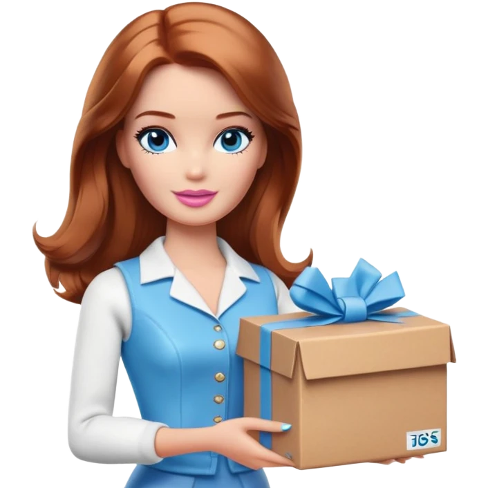 Barbie with shoulder-length reddish brown hair, blue eyes and makeup in white and brown clothes holds a box with a package emoji