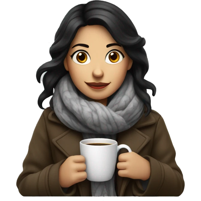 White sking girl with black hair drink coffee and wearing coat and scarf emoji