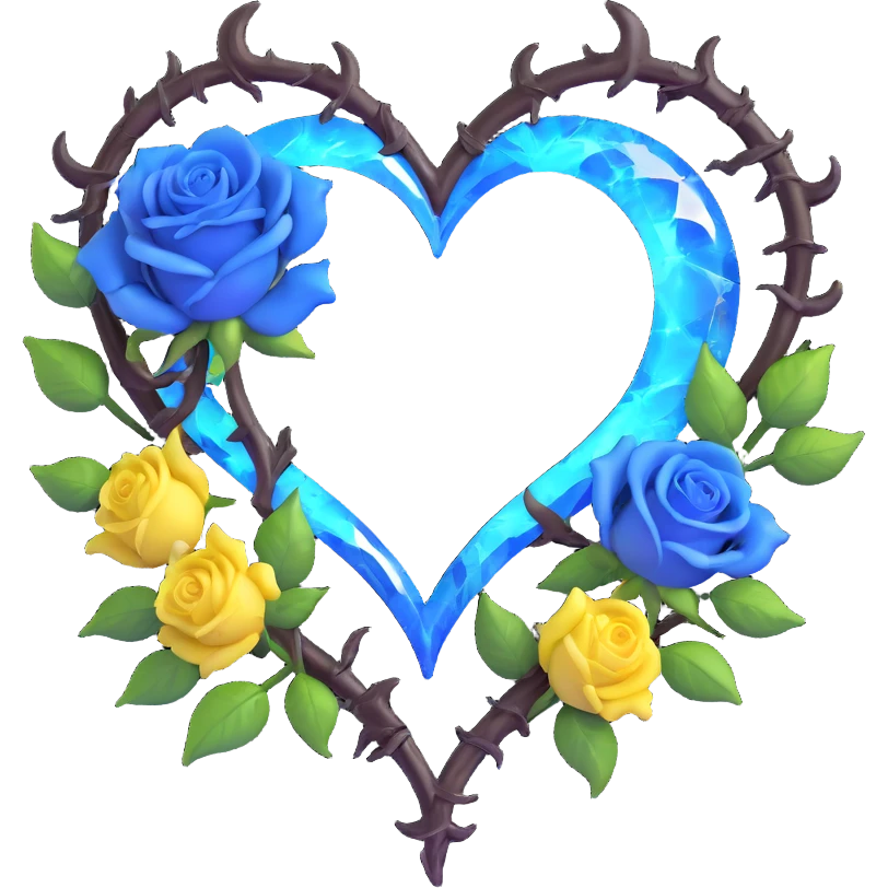 gothic heart made of smoky quartz glass, silver crescent moon, glowing blue roses, holographic stardust, neon yellow lightning, drenched and splintered glass emoji