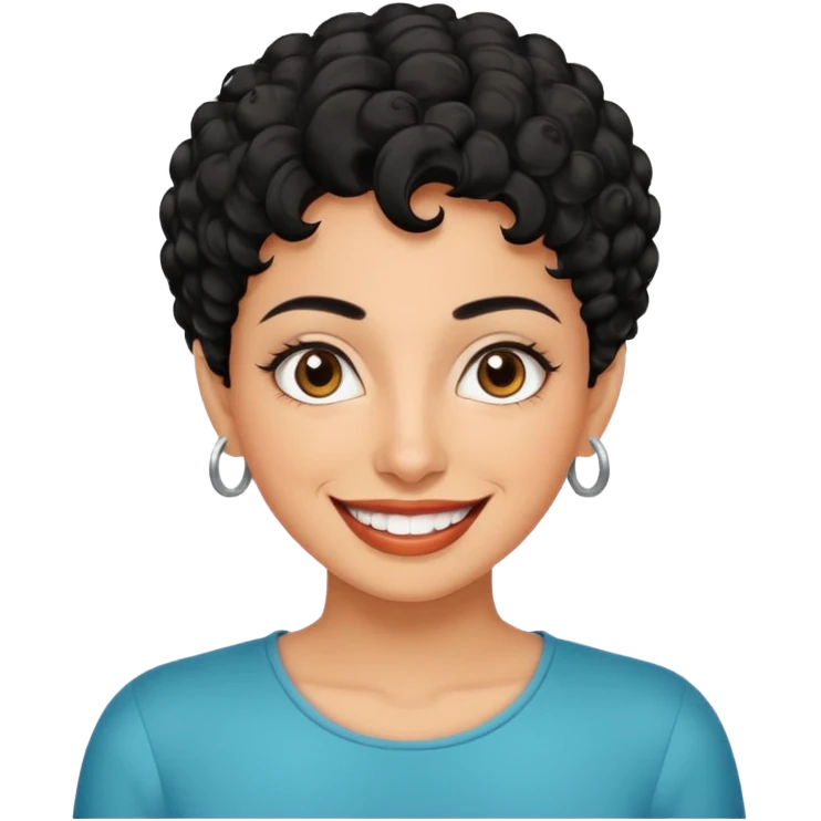 30 year old iranian woman very short curly black hair, big brown eyes, tanned skin, big smile, white teeth, pretty, stylish, shorter hair, boy cut hair emoji