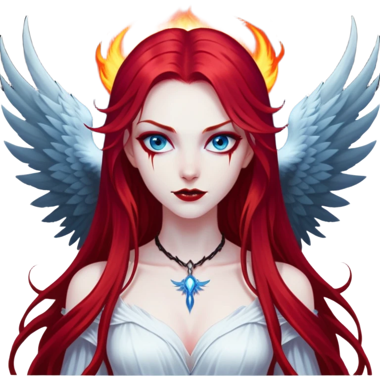 full body portrait of an extremely diabolical girl with pale white skin, massive towering wings, very long flowing blood red hair, glowing blue eyes, black hellfire aura, no horns, evil grin, no necklace emoji