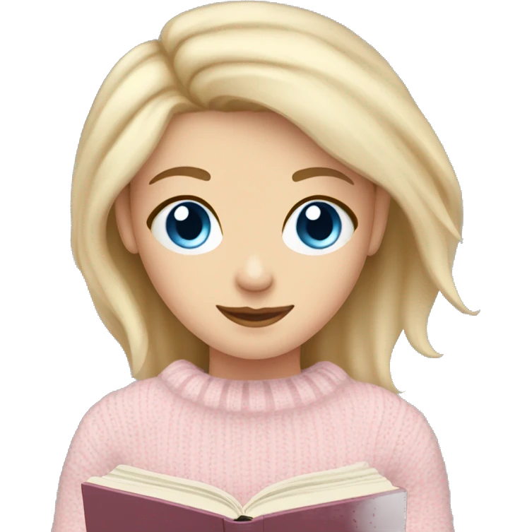 Pretty blue eyed white girl with light pink sweater reading cozy emoji