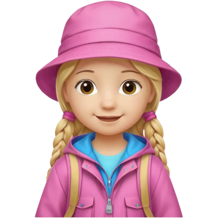 Little girl kid student, long braid blonde, wears pink bucket hat and jacket, backpack, happy emoji