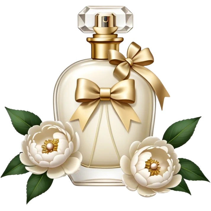 pearl white vintage style perfume bottle and ivory colored peonies and a gold bow emoji
