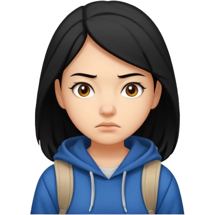 college student with annoyed face , black hair , with hoodie and backpack , girl emoji