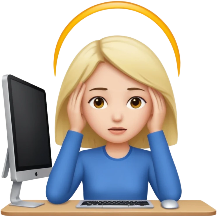 A girl is in front of a computer and is holding her head. emoji