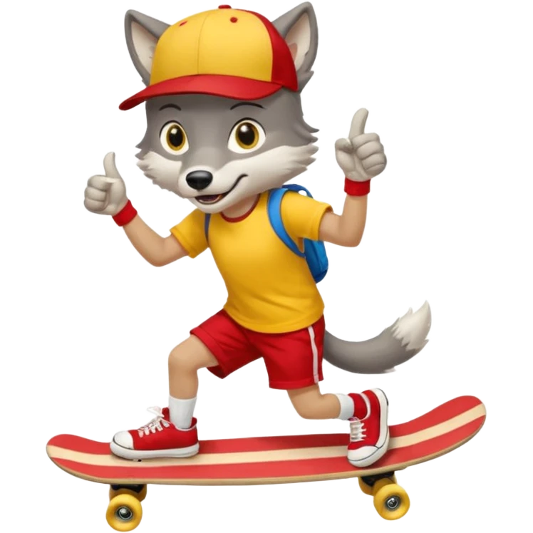 A gray wolf with large, expressive eyes and a friendly smile. The gray wolf is wearing a bright yellow T-shirt, red shorts, white knee socks, and sneakers. The baseball cap is worn backwards. The wolf holds a skateboard in one hand and gives a thumbs-up with the other, a confident and cheerful pose. emoji