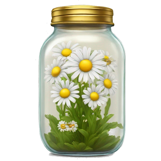 Realistic daisy flowers in a glass jar with a gold screw on lid on the top. emoji