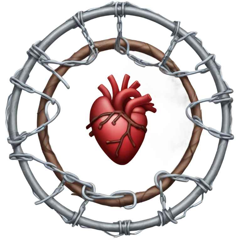 A chain link fence topped with razor wire forms a circle with a human heart in the middle  of it  emoji