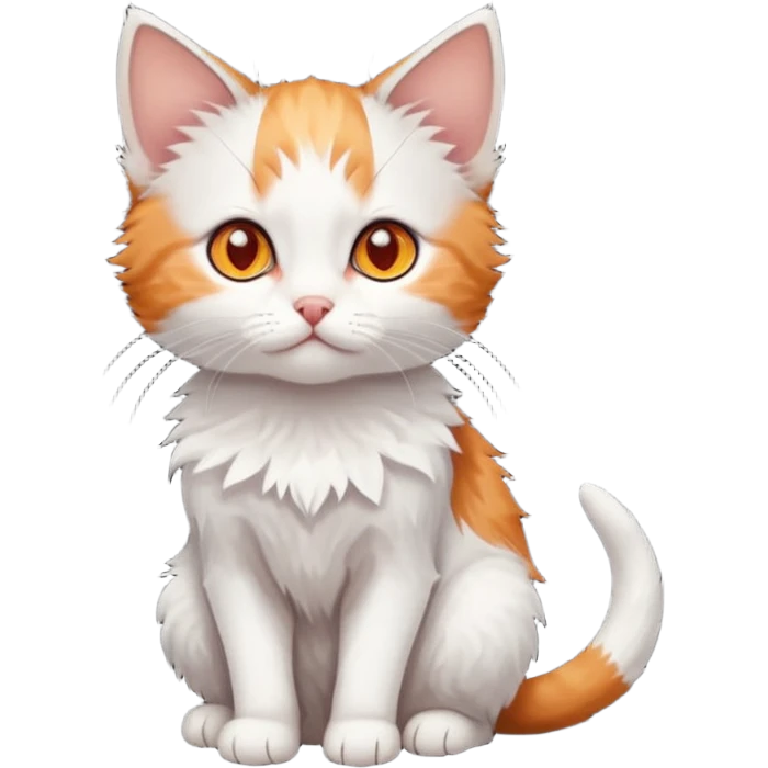 full body of very small + skinny ginger and white kitten with deep orange eyes and triangular shaped face emoji