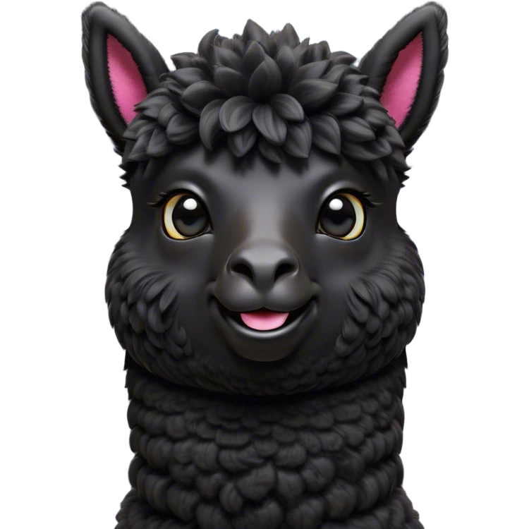 Cinematic Comical Black Alpaca Portrait Emoji, Head tilted dramatically with an exaggeratedly amused expression, featuring a striking jet-black fleece with playful texture, wide, expressive dark eyes filled with playful disbelief, Simplified yet hilariously expressive features, highly detailed, glowing with a slightly sassy glow, high shine, dramatic yet playful, stylized with an air of cheeky mischief, bright and endearing, soft glowing outline, capturing the essence of a spirited and over-the-top alpaca, so meme-worthy it feels like it could side-eye its way into internet fame instantly! emoji