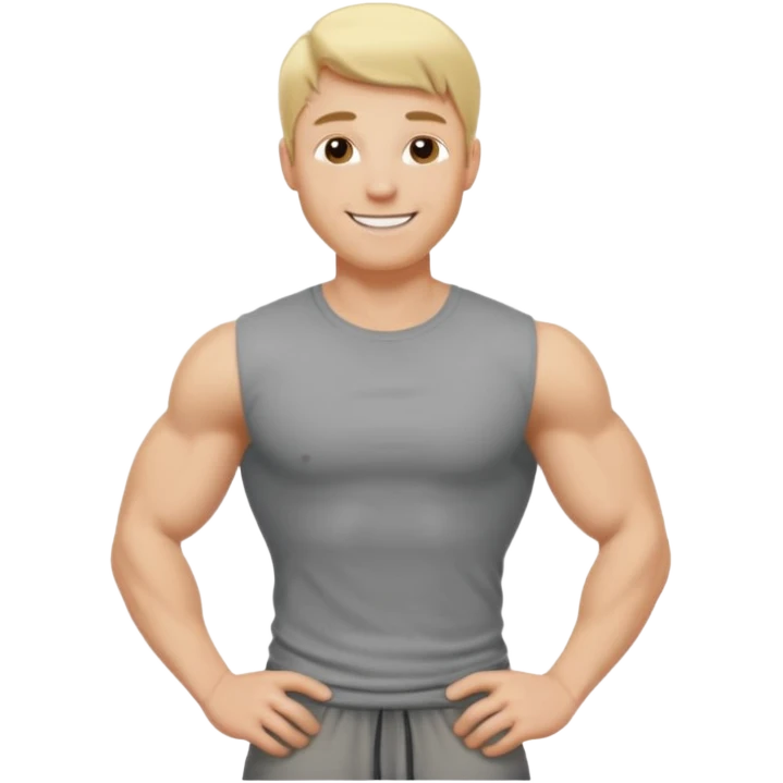fais le meme blond, tee shirt gris mais musclé et fin qui sourie et ça s'arrête à la taille emoji