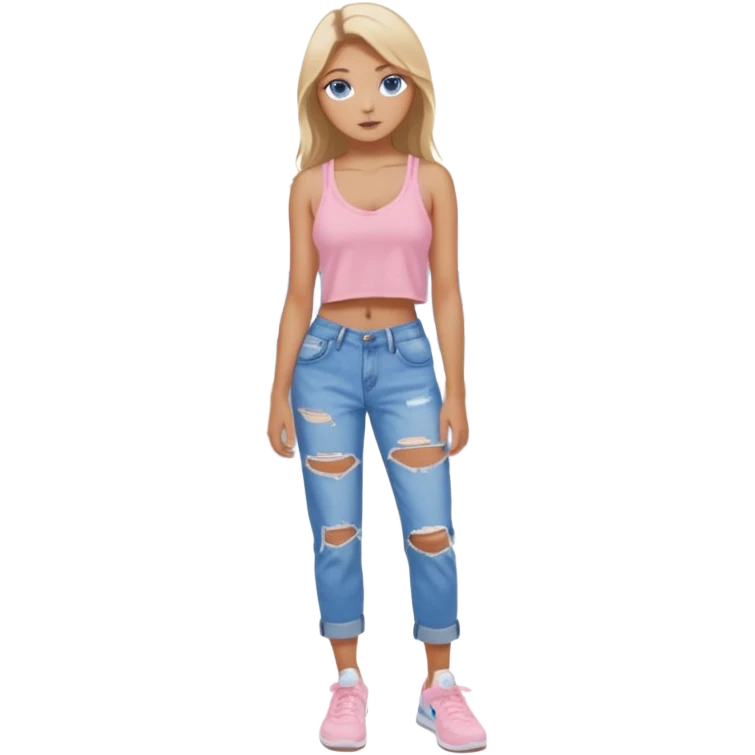preppy teenage girl, blue eyes, tan, less blonde highlights, brown long hair, long eyelashes, beach aesthetic, wearing cute clothes, wearing ripped blue longer baggy jeans with a light pink sexy revealing low neck crop top, wearing Nike shoes, very sexy, very long eyelashes, very pretty emoji