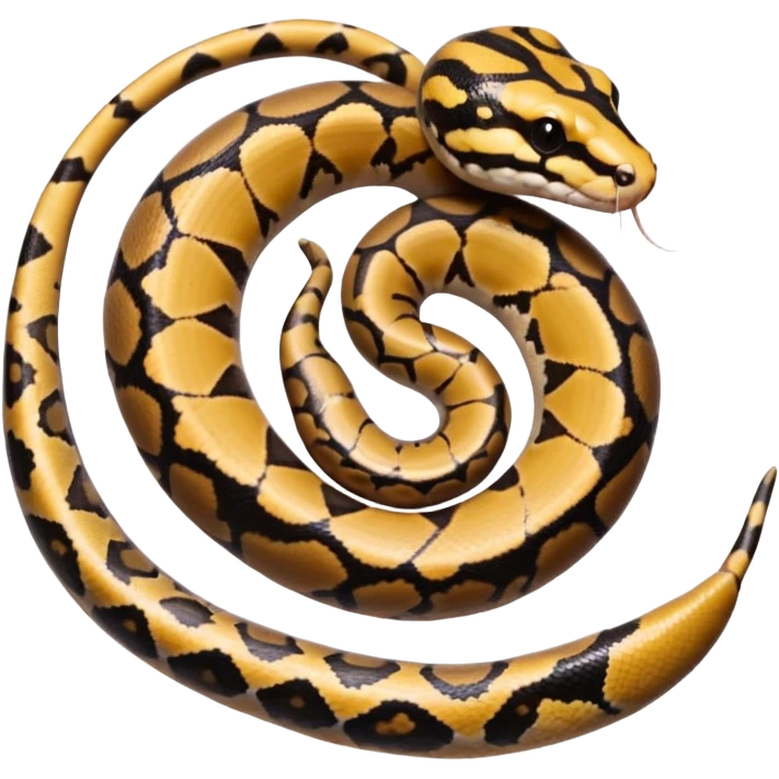 A photo-realistic top-down view of a Ball Python gently coiled into a tight spiral, with its head resting peacefully at the center. Its scales are warm brown with bold, irregular black markings, including the distinctive “alien-head” pattern, flowing smoothly along its body.  emoji