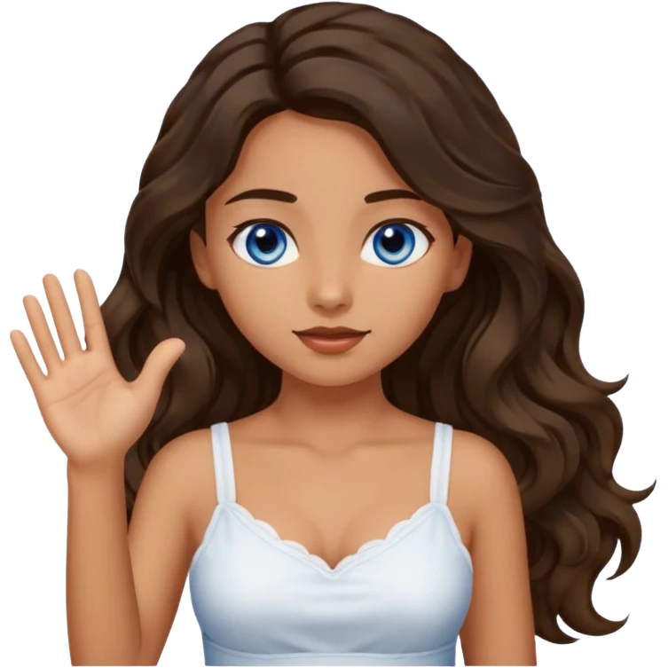 Girl with olive skin, blue eyes, brown dark insanely wavy long hair, white camisole, left hand palm up emoji