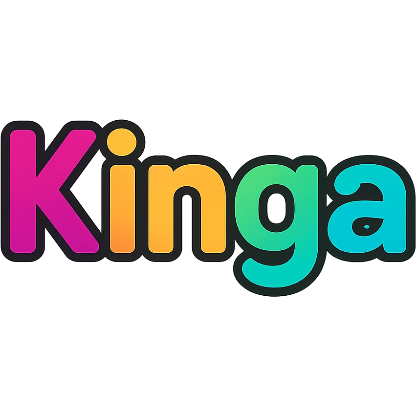 Kinga name in colorful gradient modern font with dark outline, transparent background, in the style of sample images emoji