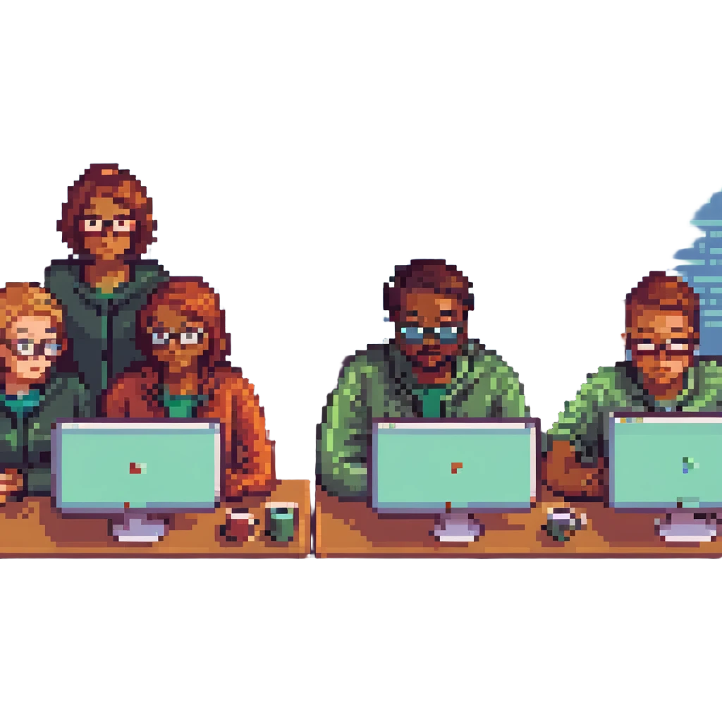 pixel art of a diverse group of people collaborating on web design, with browser windows and code snippets emoji