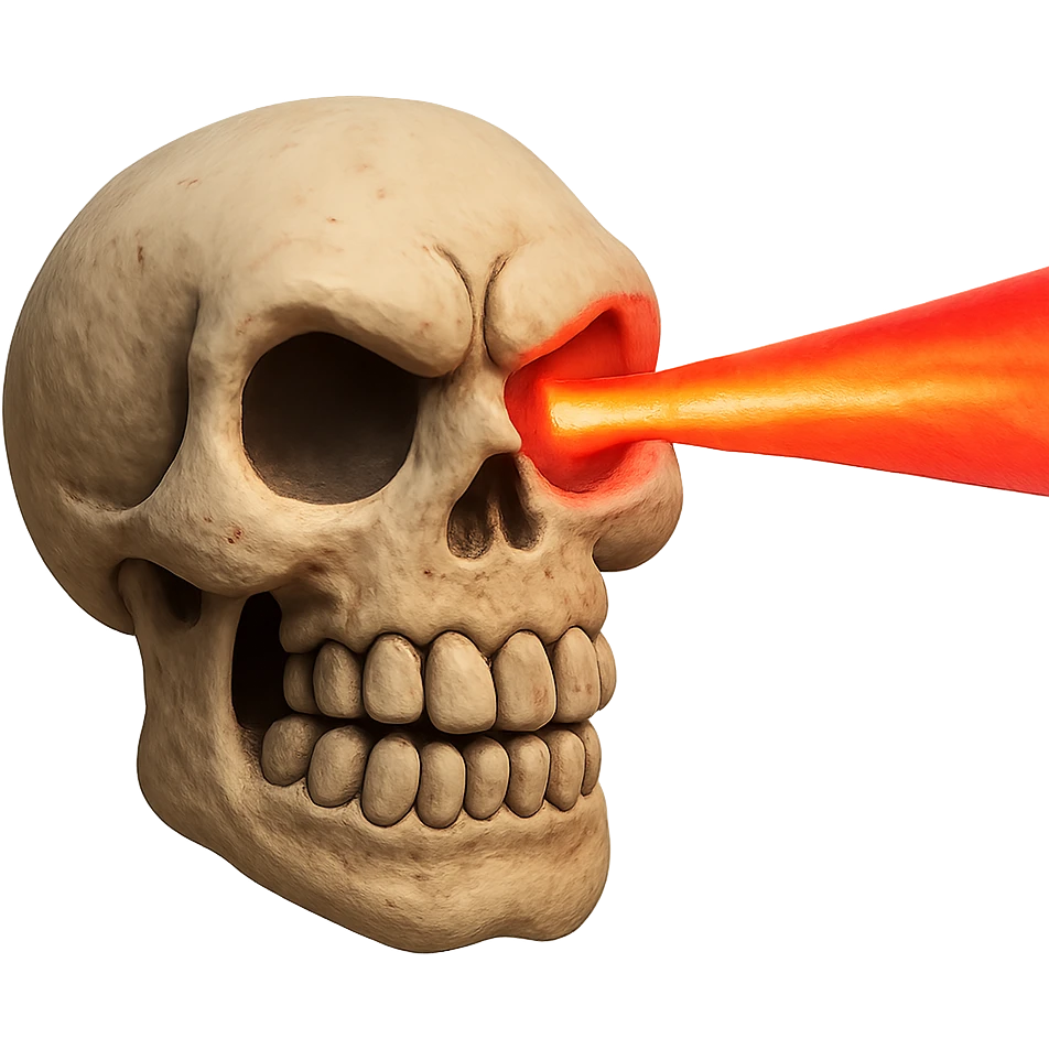 claymation style skull grinding teeth with laser from one eye emoji