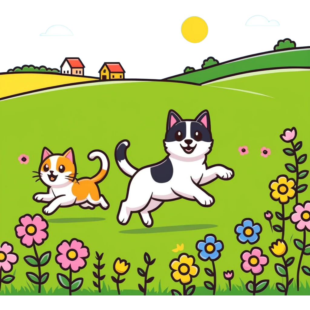 dog chasing cat in a sunny meadow with flowers emoji