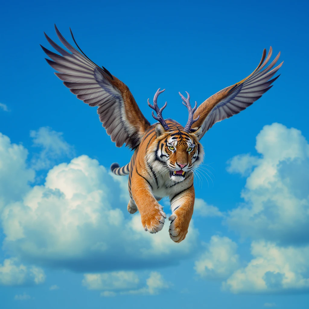 Tiger with wings and corwn flying around clouds, blue solid color, with cinematic blur emoji