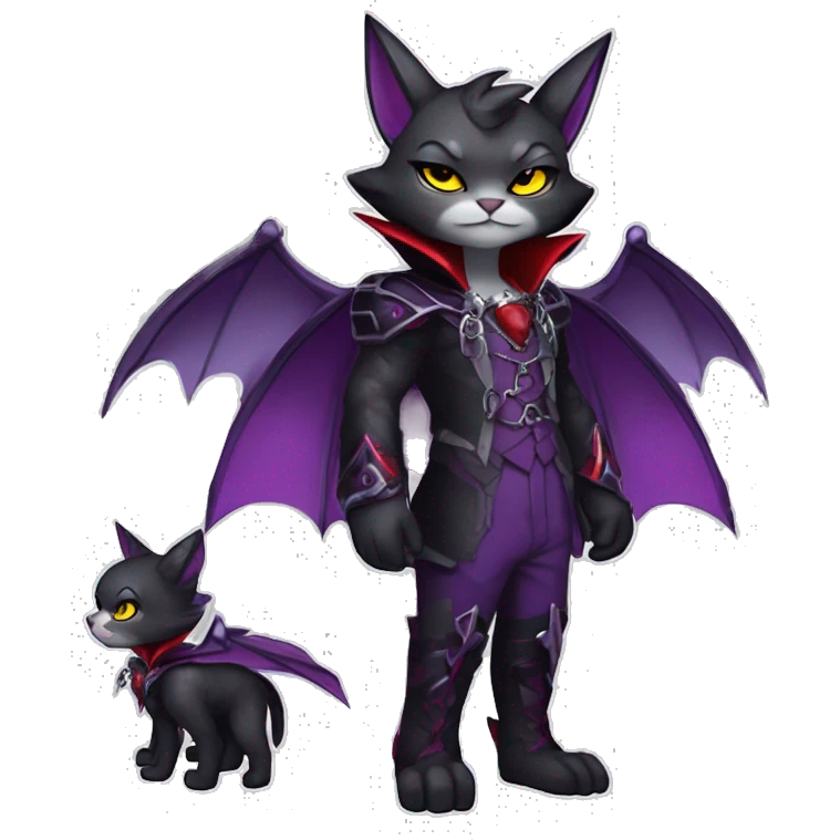 Anthro-Cute-Edgy-Cool-Vampiric-Batty-Cat-Black-Purple-Red-Grey-White-Yellow-Contrast-Colors-Fantasy-Fur-Sona-Chibi-Shiny-Fakémon-Hybrid with horns and big fangs and collar full body emoji