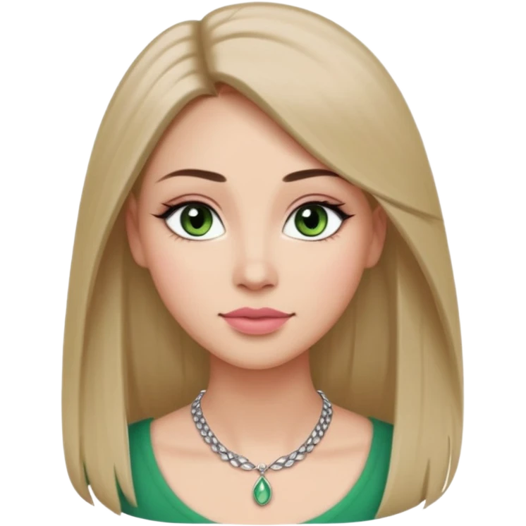 Adult woman avatar, light skin tone, oval face, long straight ash-brown hair, green almond-shaped eyes with dramatic eyelashes and minimal eyeliner, neutral mouth, medium straight eyebrows, small nose, natural pink lips, smooth skin with light natural blush emoji