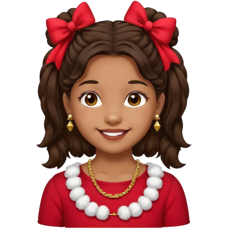 Brownskin girl dark brown hair fluffy. pigtails with red bows brown eyes smiling closed mouth red shirt gold esrrings gold necklace emoji