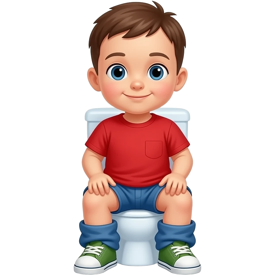 Potty training baby little boy with red T-shirt, blue shorts and green shoes emoji