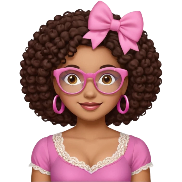 medium skinned afro-latina girl with medium length chocolate brown side part curly hair, brown eyes, pink sweetheart necklined top with lace, round wide-ish nose, chubby long shaped face, pink bow, brown glasses emoji