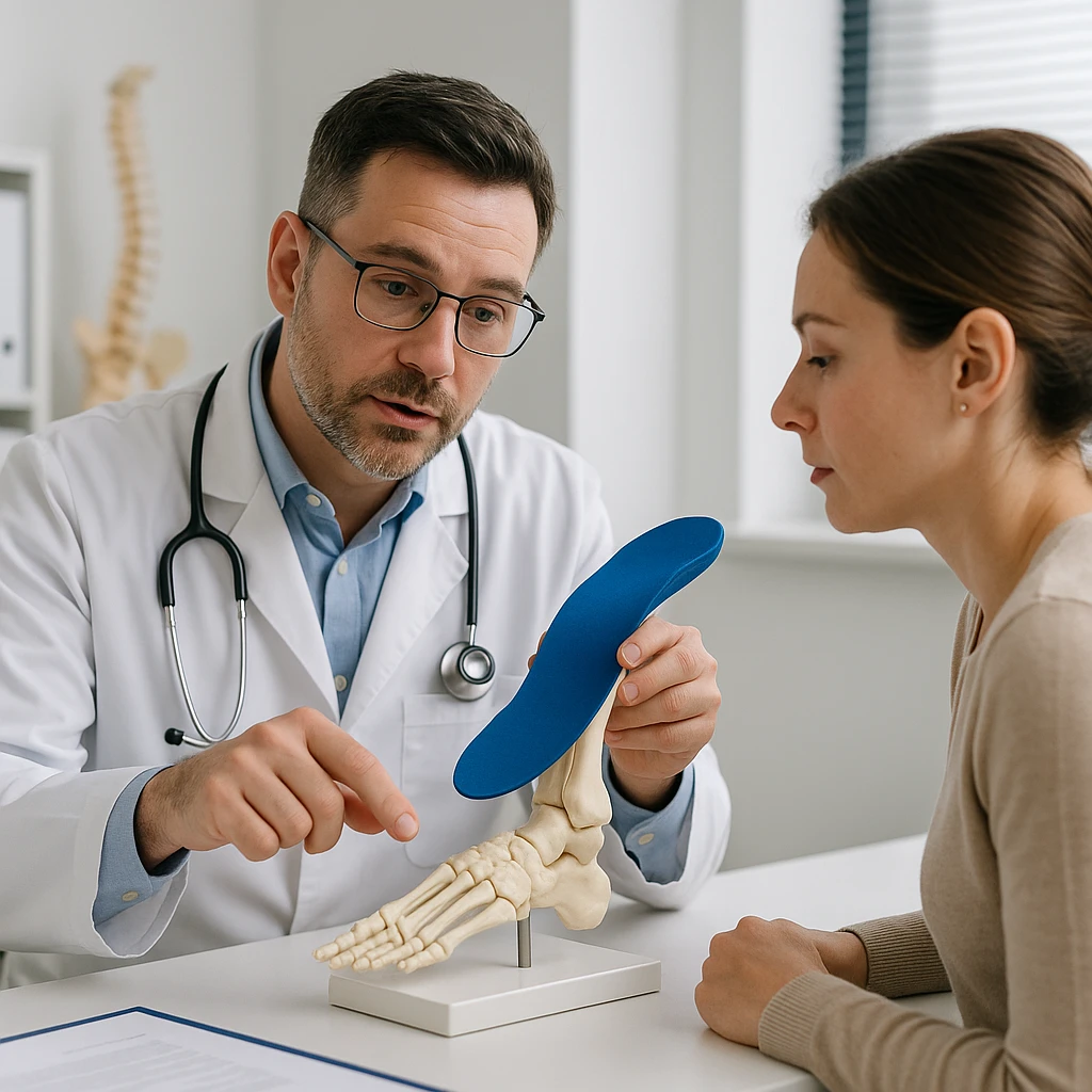 Realistic 4K image of a woman consulting an orthopedist who is pointing to an anatomical foot model, showing an orthotic insole and explaining her postural problems, professional medical environment. emoji