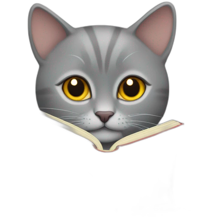 Grey Russian cat with golden eyes sitting like a person while reading a red cover book with the title “just chilling” title on the cover emoji