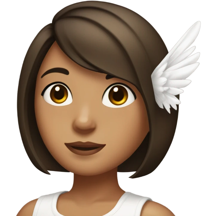Girl with black and brown highlights in hair with medium hair length and bob cut , almond eyes , has white wings on her back and a white tank top  emoji