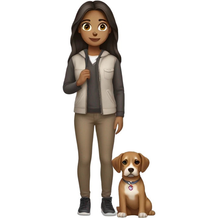 Medium skin tone girl brown eyes straight dark hair middle part holding dog emoji