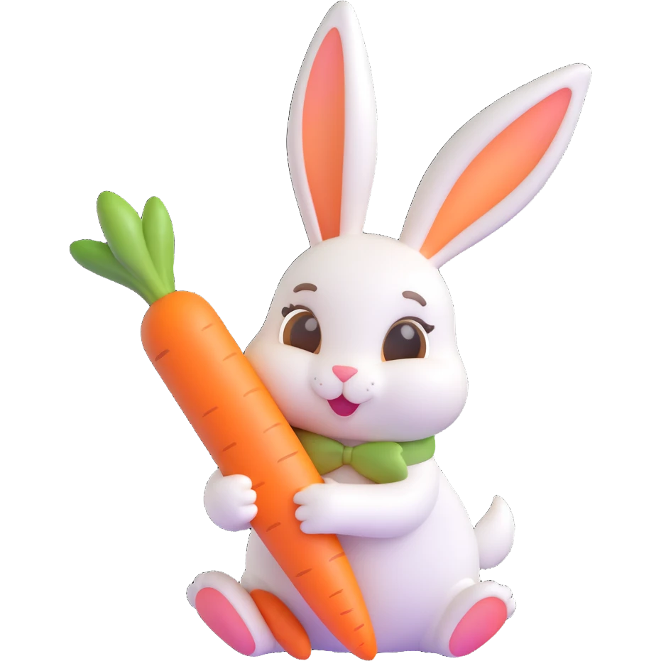 A cute white bunny holding a large carrot, in 3D iOS emoji style, soft gradients, glossy finish, no background. emoji