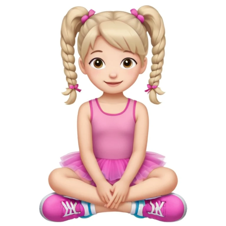A cute young girl with pigtails sits on the floor, wearing a pink tutu dress and colorful sneakers. She has large, expressive eyes and a cheerful smile, resting her chin on her hands. The background is a soft, neutral color that enhances her playful demeanor. emoji