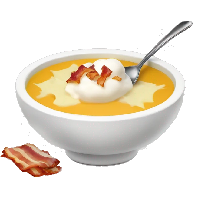 Soup with potato, shredded cheese, dollop of sour cream, bacon bits, and a spoon emoji