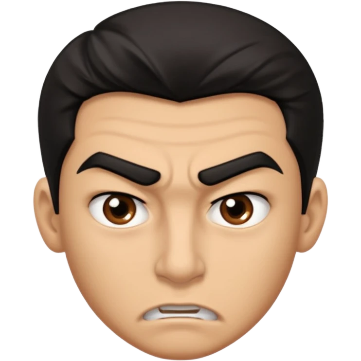 emoji de un joven, con cejas gruesas que parece enojado, nariz medio grande, hombros anchos, sin sonrisa, hombros anchos, cabello medio ondulado con un corte juvenil, cabello negro. ojos negros. emoji