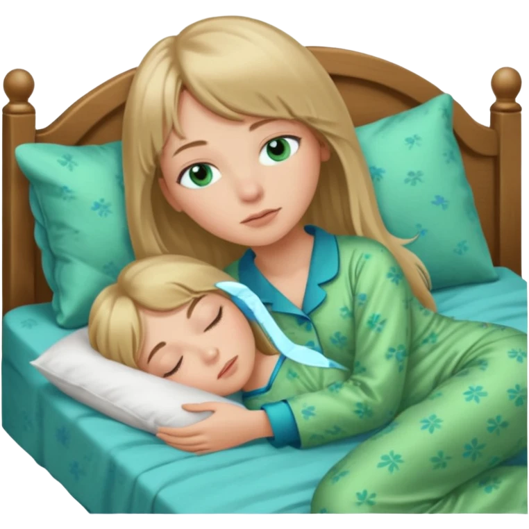Woman with blue eyes and long dark blond hair and a bang, sleeping in bed  with green pyjama emoji