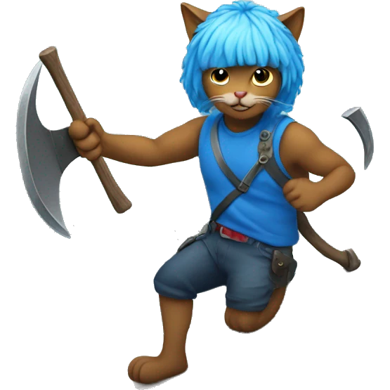 Cat with blue wig and axe climbing on a mountain  emoji