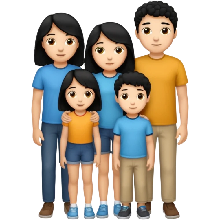 Hispanic family of five standing close together, mom with long straight hair, dad with short curly hair, two boys with matching short hair, one girl with long straight hair, no raised hands, transparent background emoji