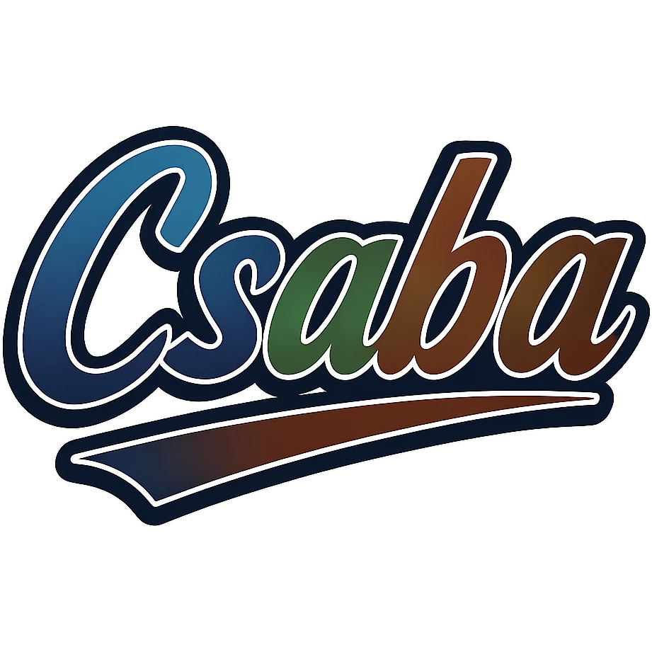 Csaba name in masculine, modern gradient font with dark contour and thin white edging, dynamic slanted underline, masculine color shades (blue, gray, burgundy, green, brown), 1000x1000 px, PNG, transparent background, in the style of the uploaded Attila sample emoji